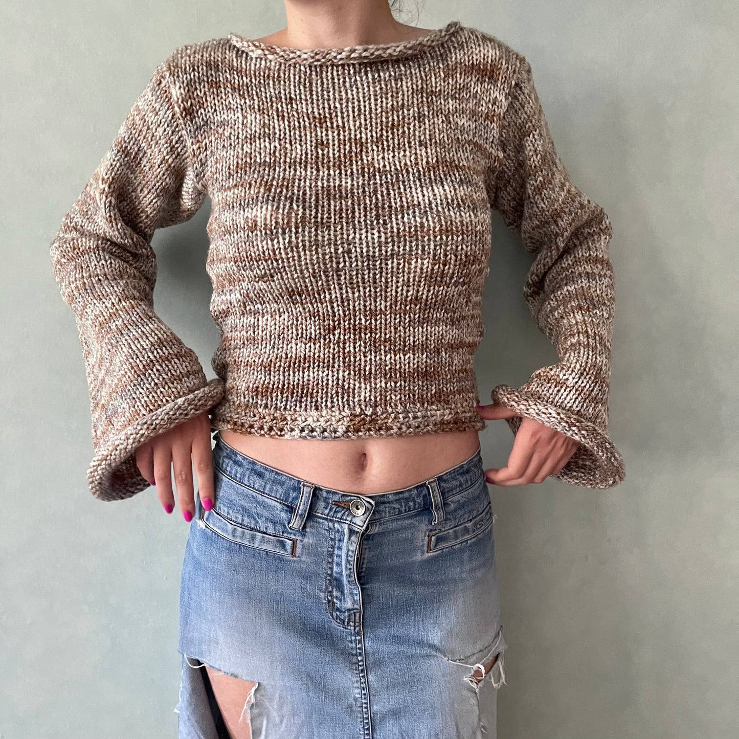 Handmade multicoloured beige, cream and brown knitted sweater