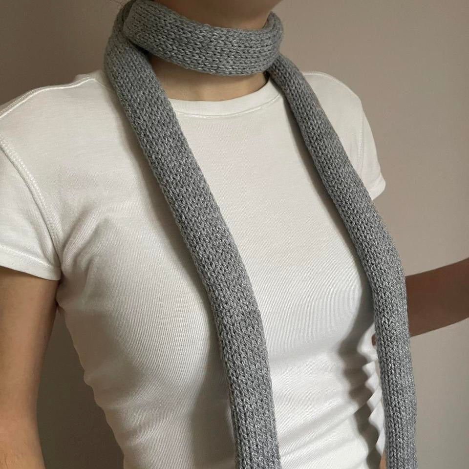 Handmade knitted skinny scarf in grey