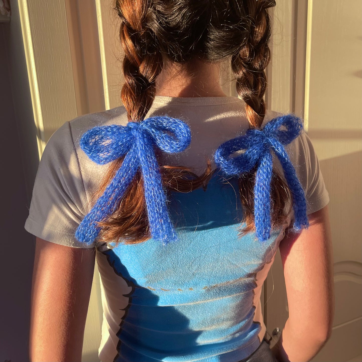 x2 handmade knitted hair bows in cobalt blue (pair)