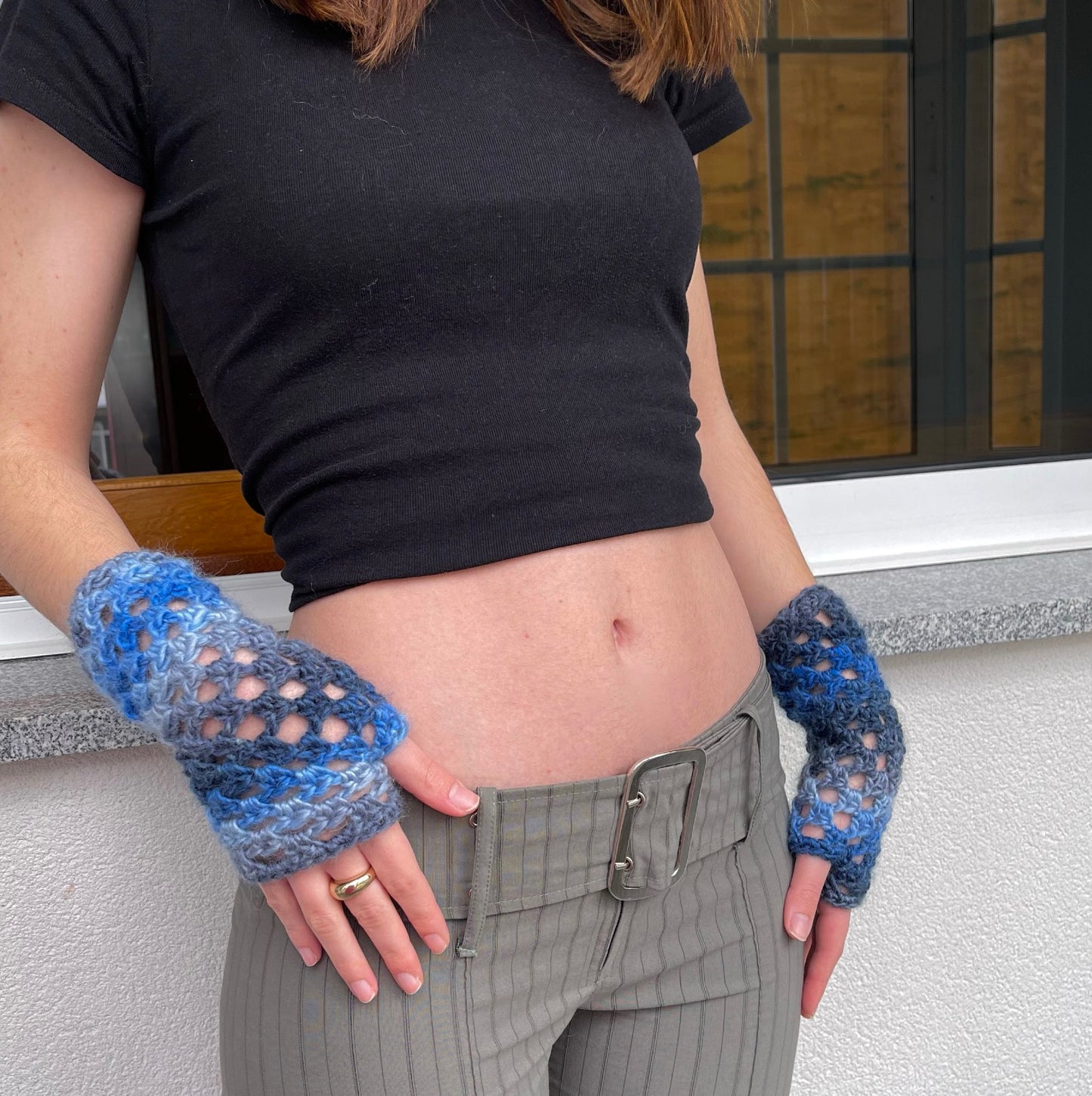Handmade Blue Daze crochet fishnet hand warmers