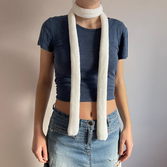 Handmade knitted skinny scarf in white