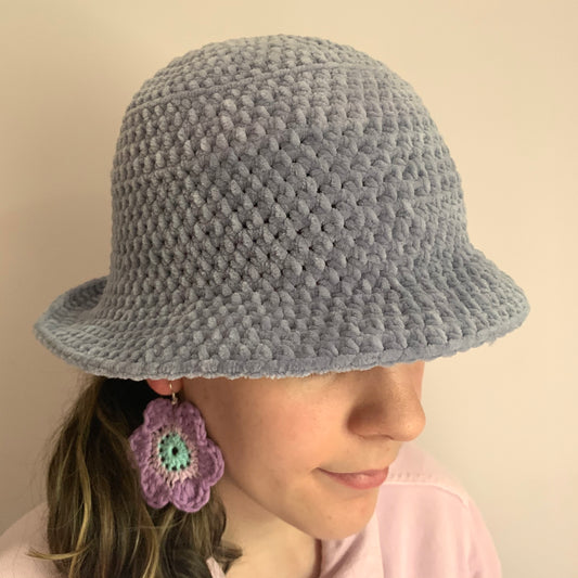 Handmade crushed velvet crochet bucket hat in stormy grey