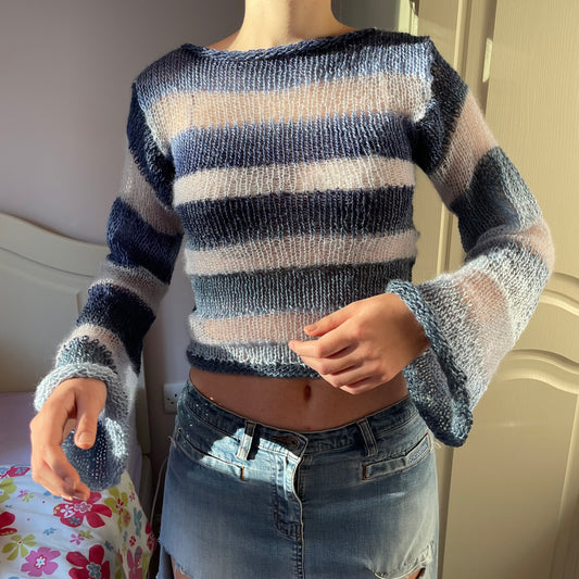 Handmade striped blue knitted mohair jumper with flared sleeves