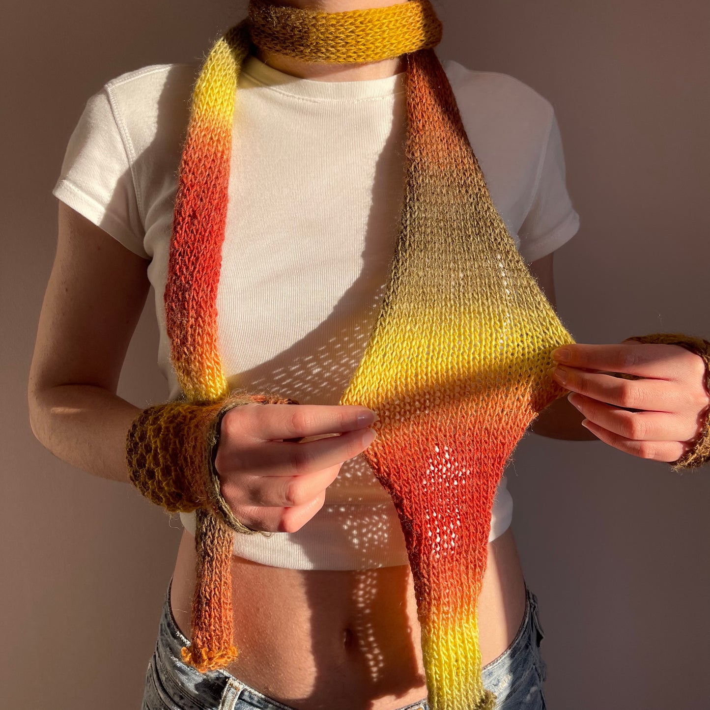 Handmade knitted ombré skinny scarf in earth tones