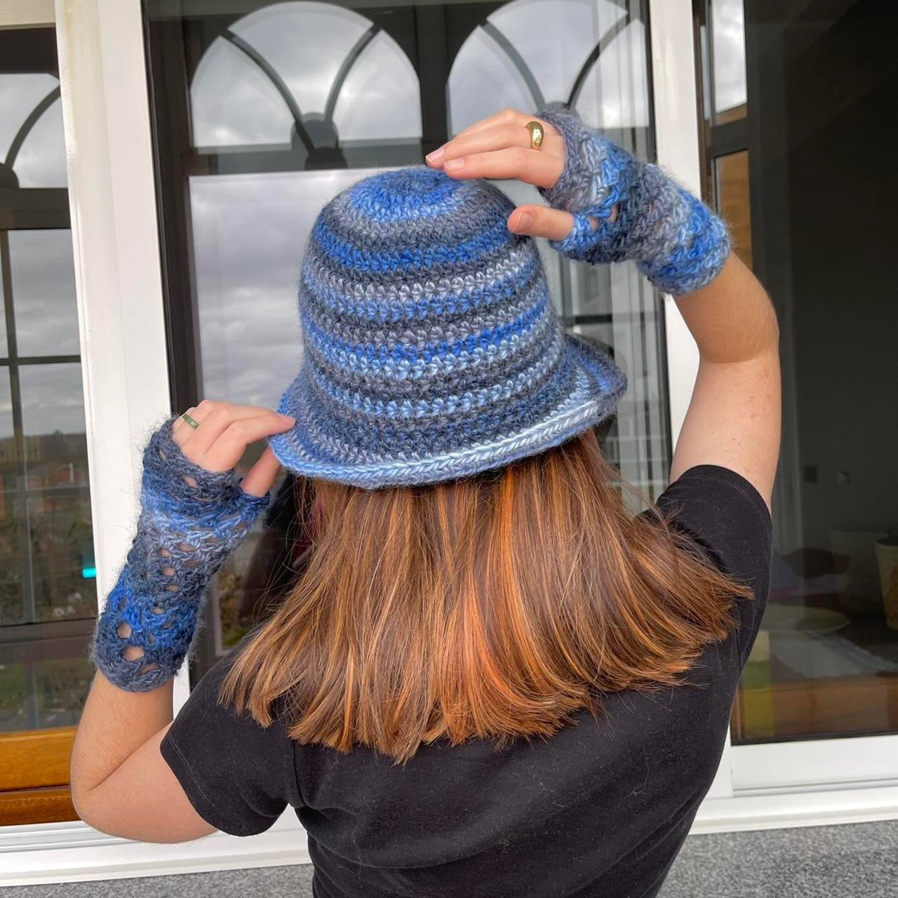 Handmade Blue Daze crochet fishnet hand warmers