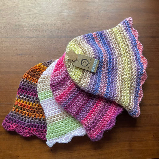 Handmade scallop edge crochet bucket hat - various colourways
