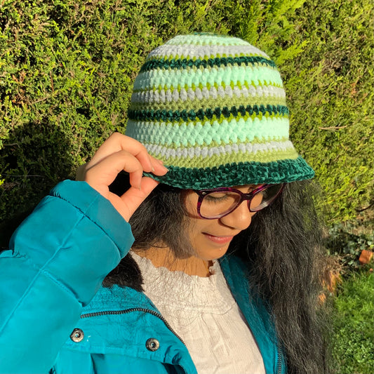 Handmade velvet striped crochet bucket hat in green shades