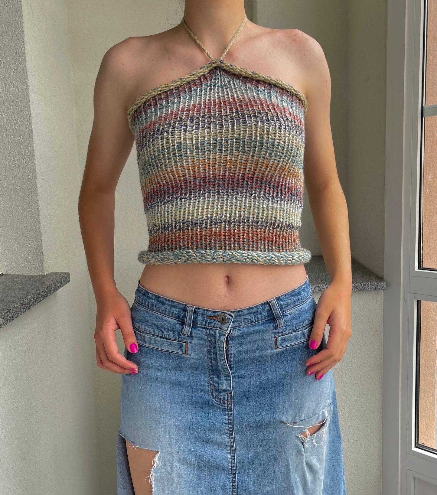 Handmade multicoloured knitted halter top
