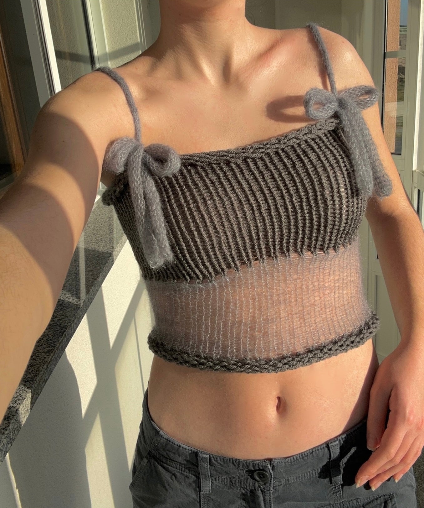 Handmade knitted mohair bow top in light and dark grey