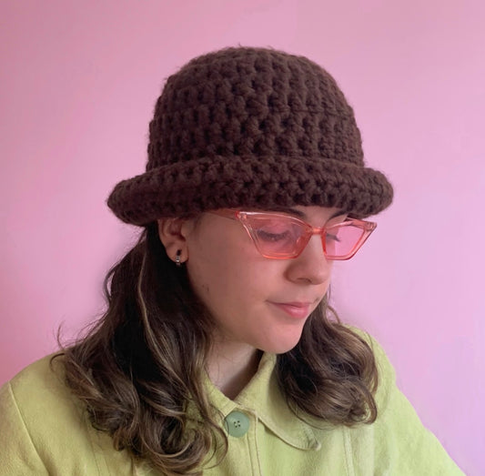 Handmade brown chunky crochet bowler hat