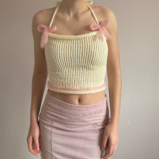 Handmade knitted mohair bow top in cream and baby pink