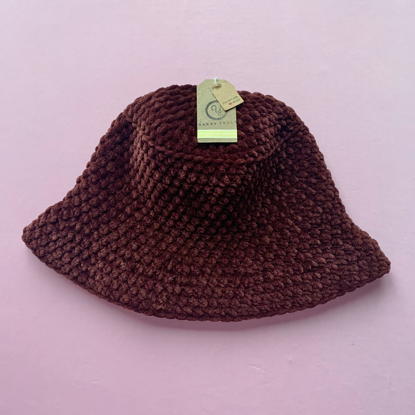 Handmade crushed velvet crochet bucket hat in brown