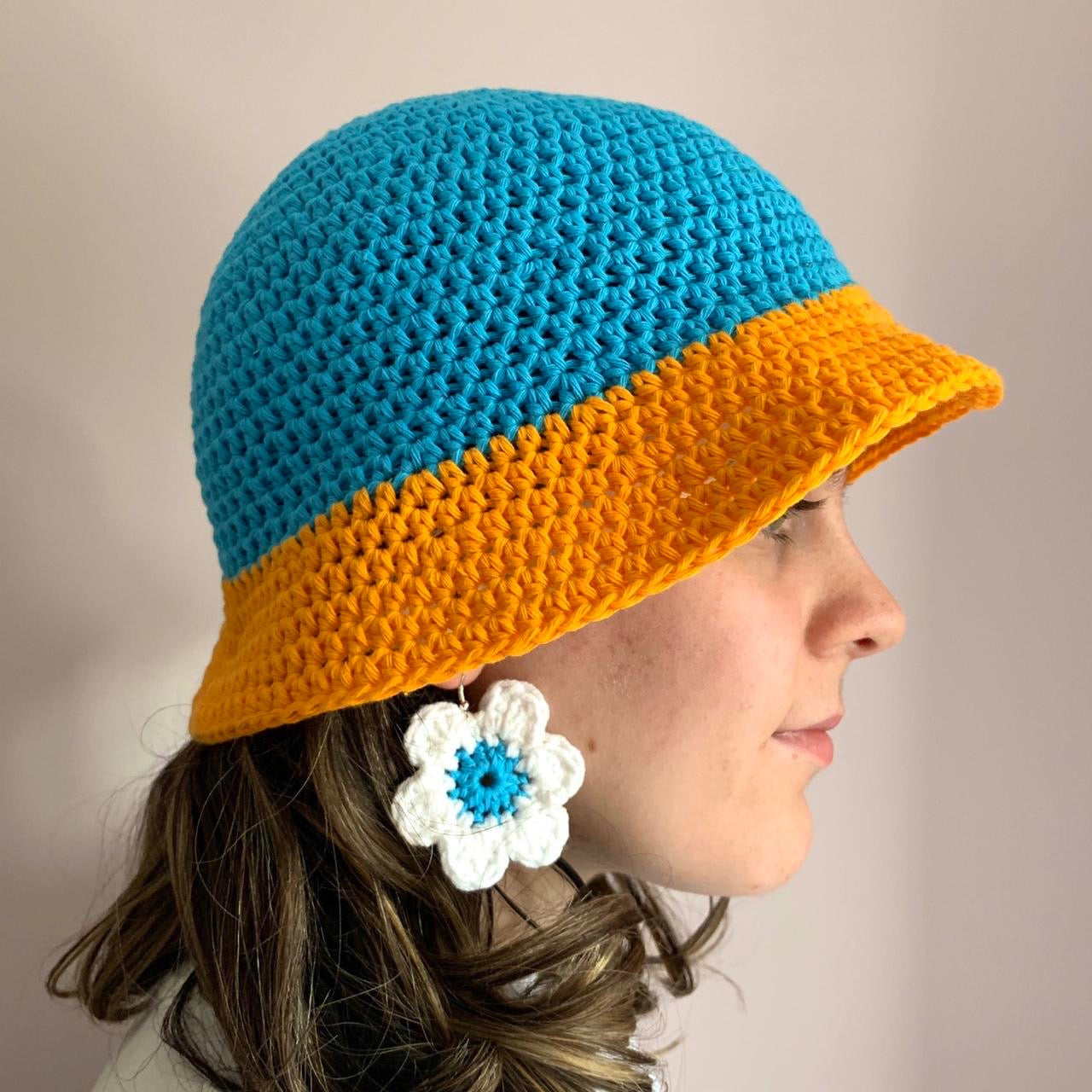 Handmade cotton crochet colour block bucket hat in blue & orange