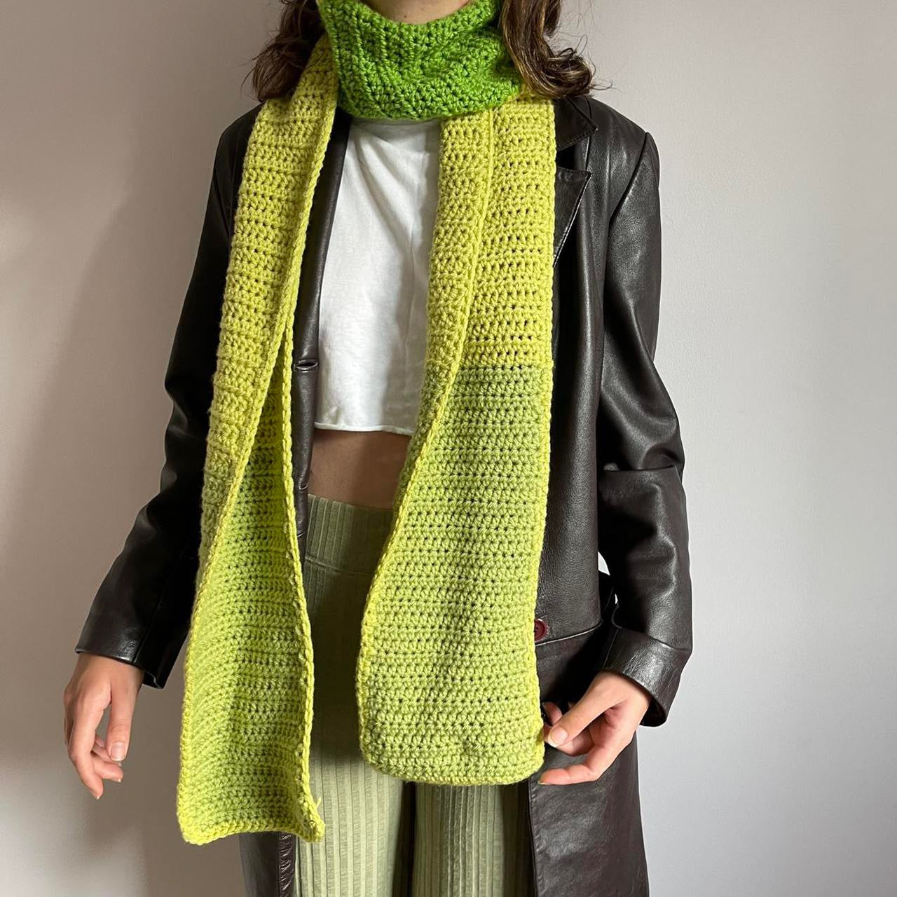 Handmade green colour block crochet scarf