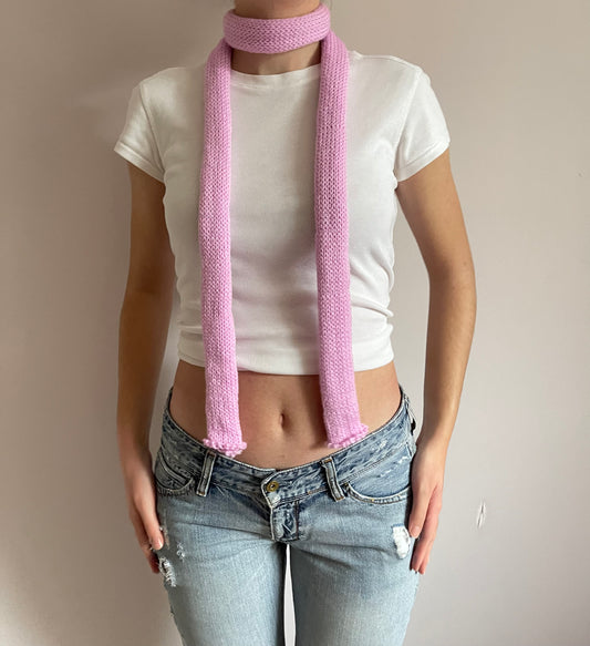Handmade knitted skinny scarf in baby pink