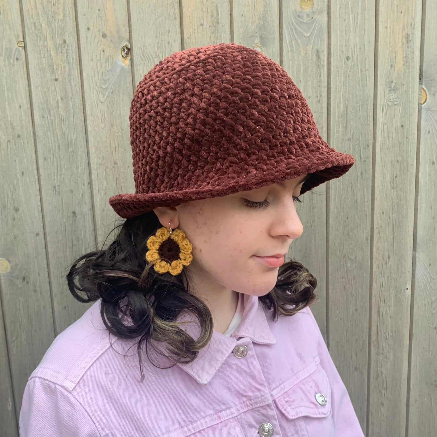 Handmade crushed velvet crochet bucket hat in brown