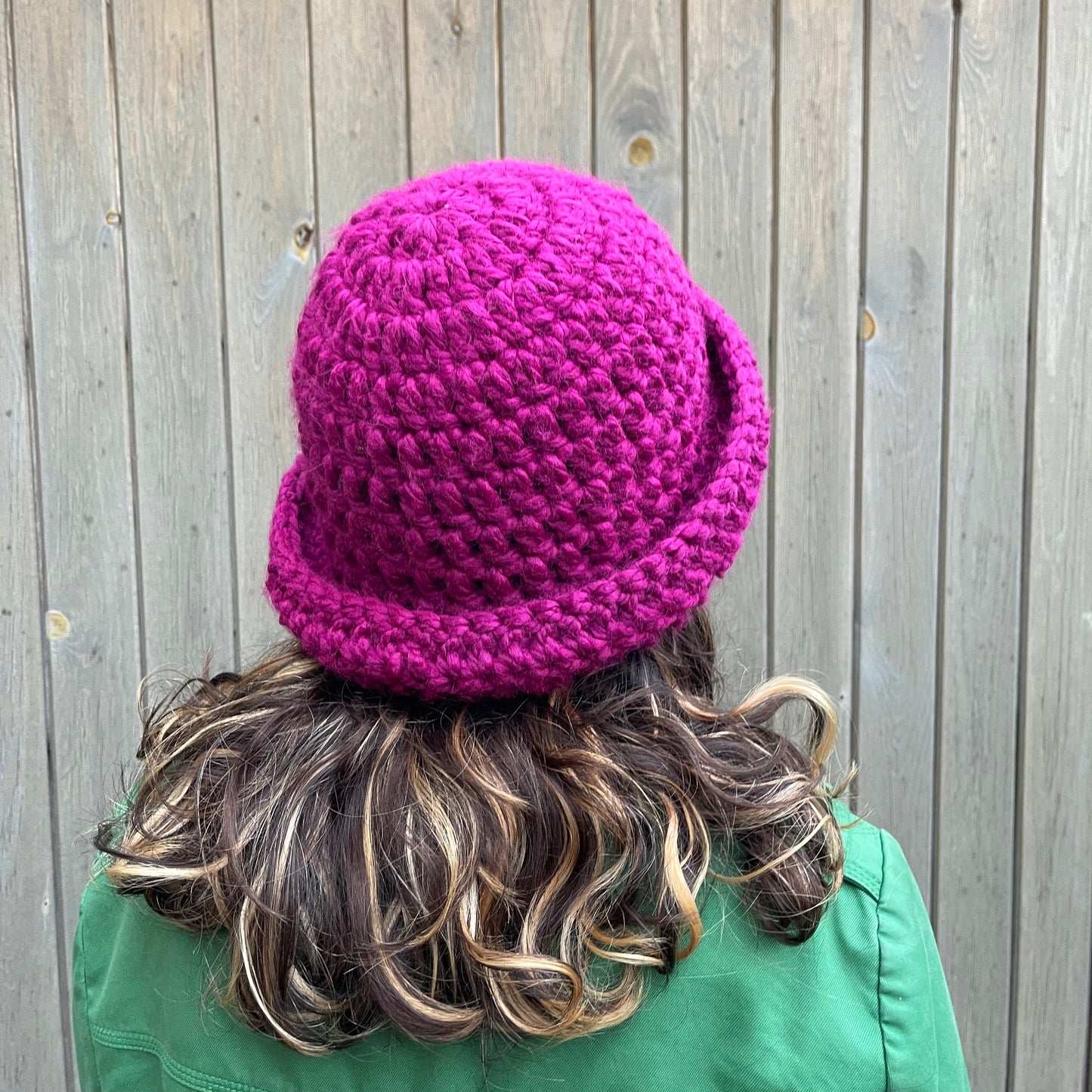Handmade beetroot chunky crochet bowler hat