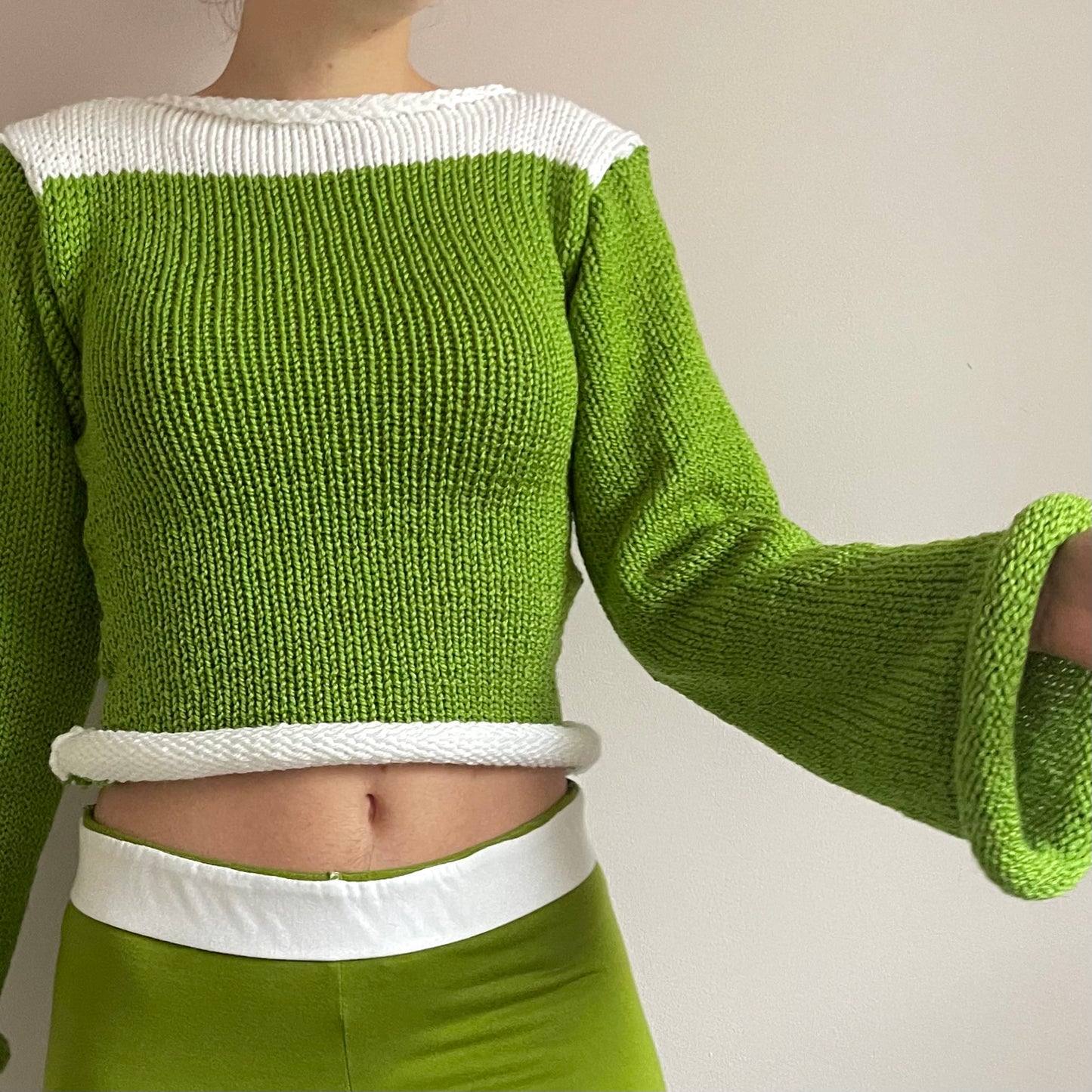 Handmade knitted colour block jumper in green and white