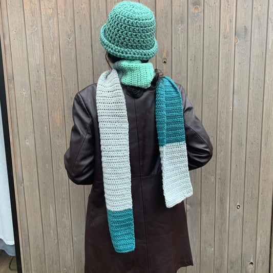 Handmade teal colour block crochet scarf