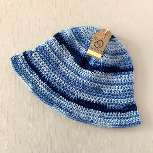Handmade striped crochet bucket hat in blue shades