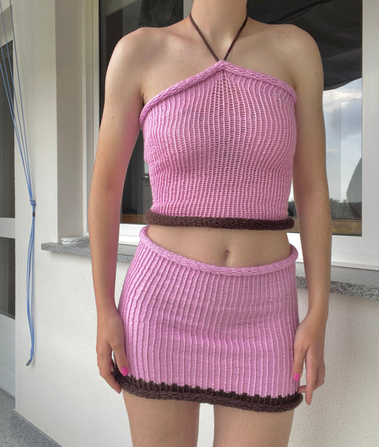 SET: handmade knitted colour block halter top and skirt in pink and brown