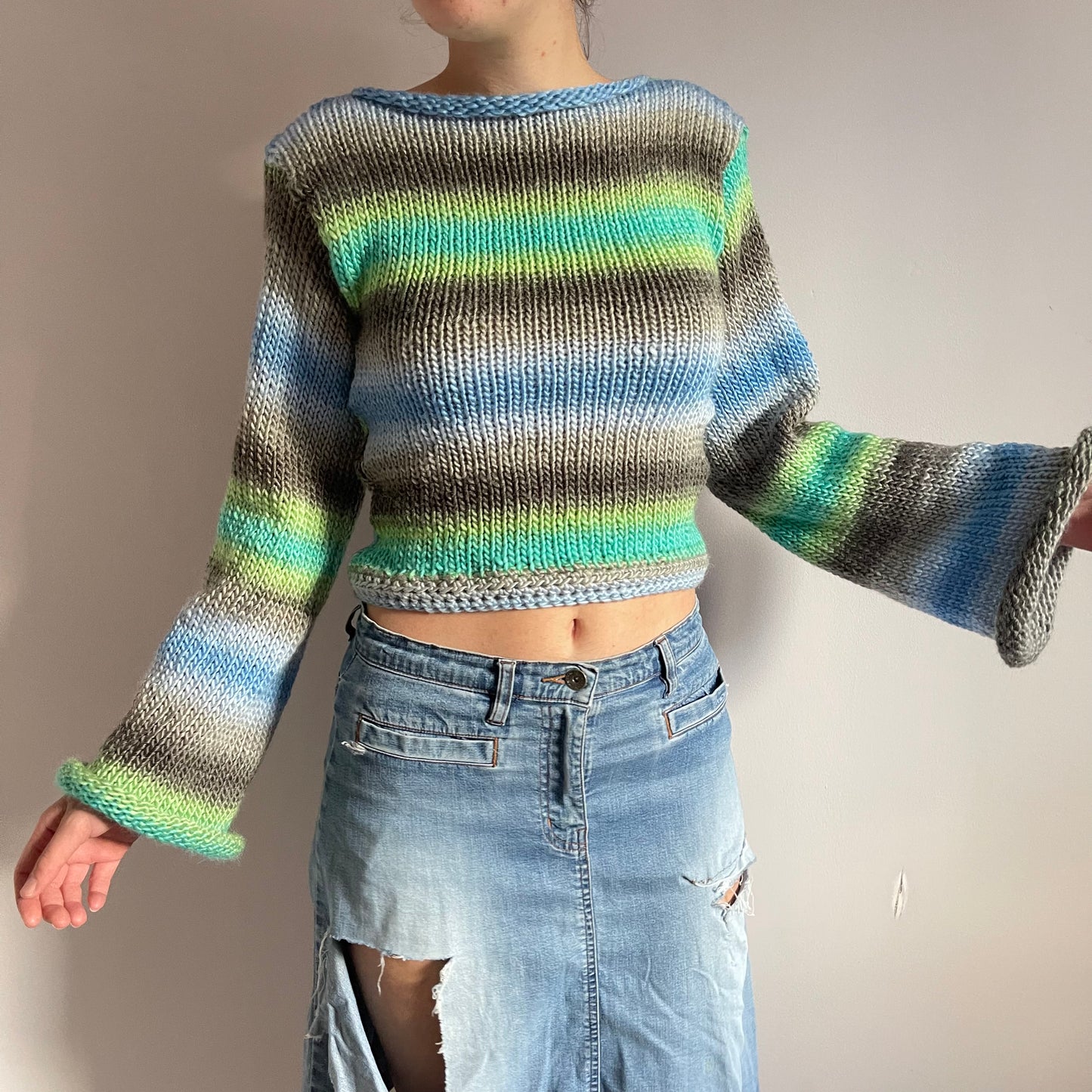 The Ocean Shades Sweater - handmade knitted flared sleeve jumper