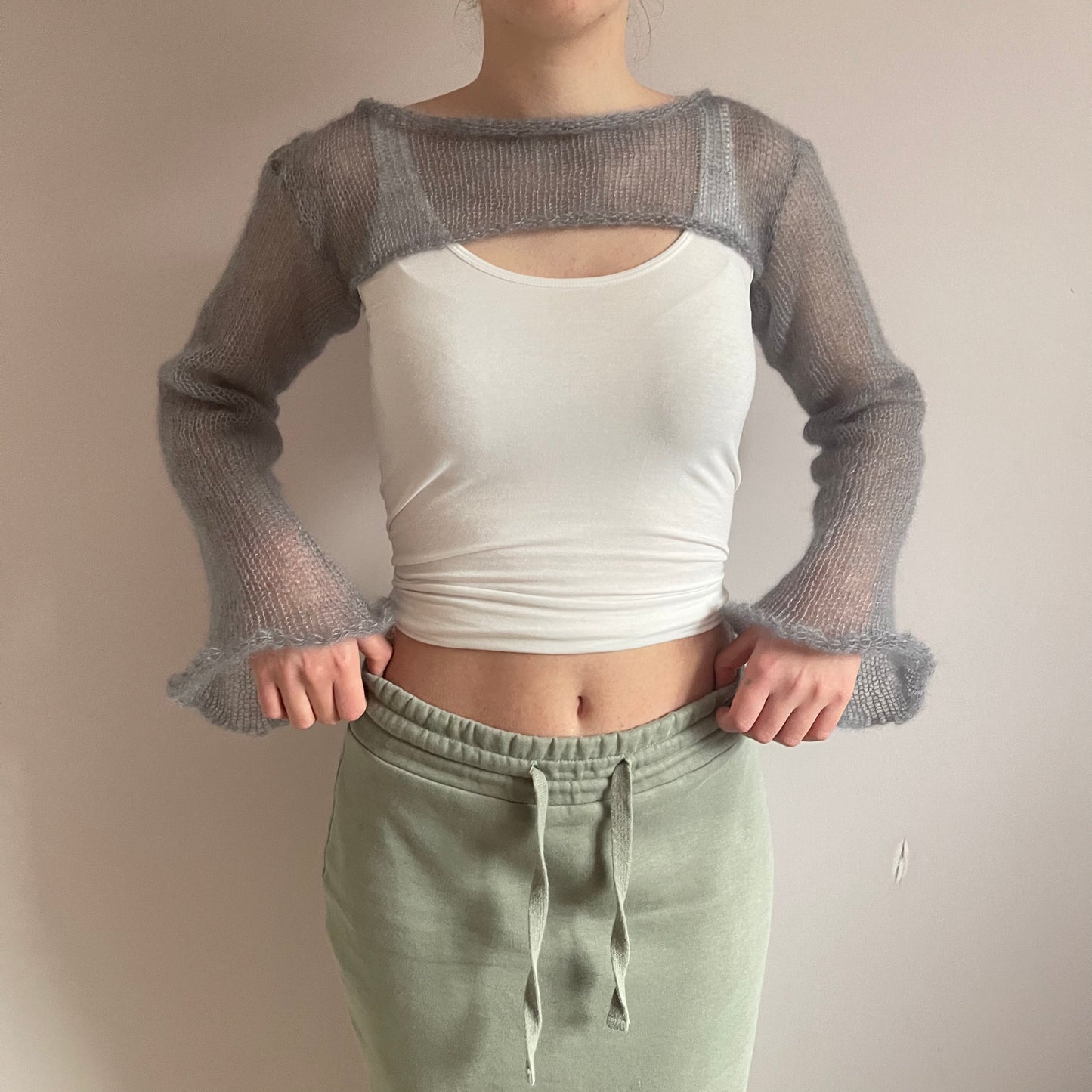 Handmade knitted ultra cropped mohair jumper / bolero in light grey