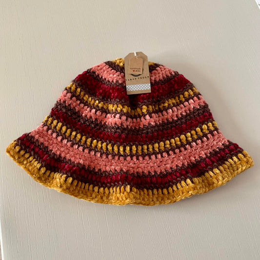 Handmade velvet striped crochet bucket hat in earthy tones