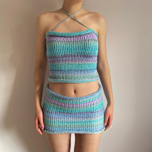 SET: Handmade knitted top and skirt in baby blue, mint green and lilac