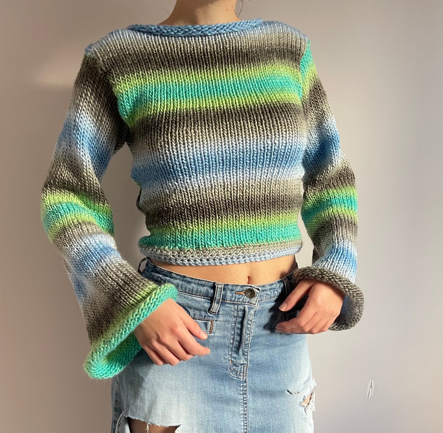 The Ocean Shades Sweater - handmade knitted flared sleeve jumper