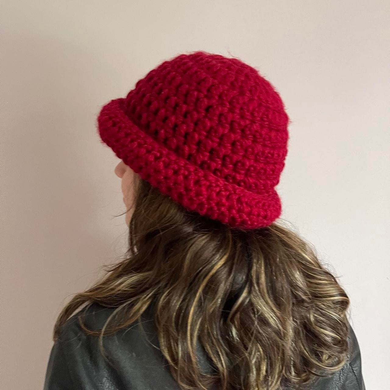 Handmade dark red chunky crochet bowler hat