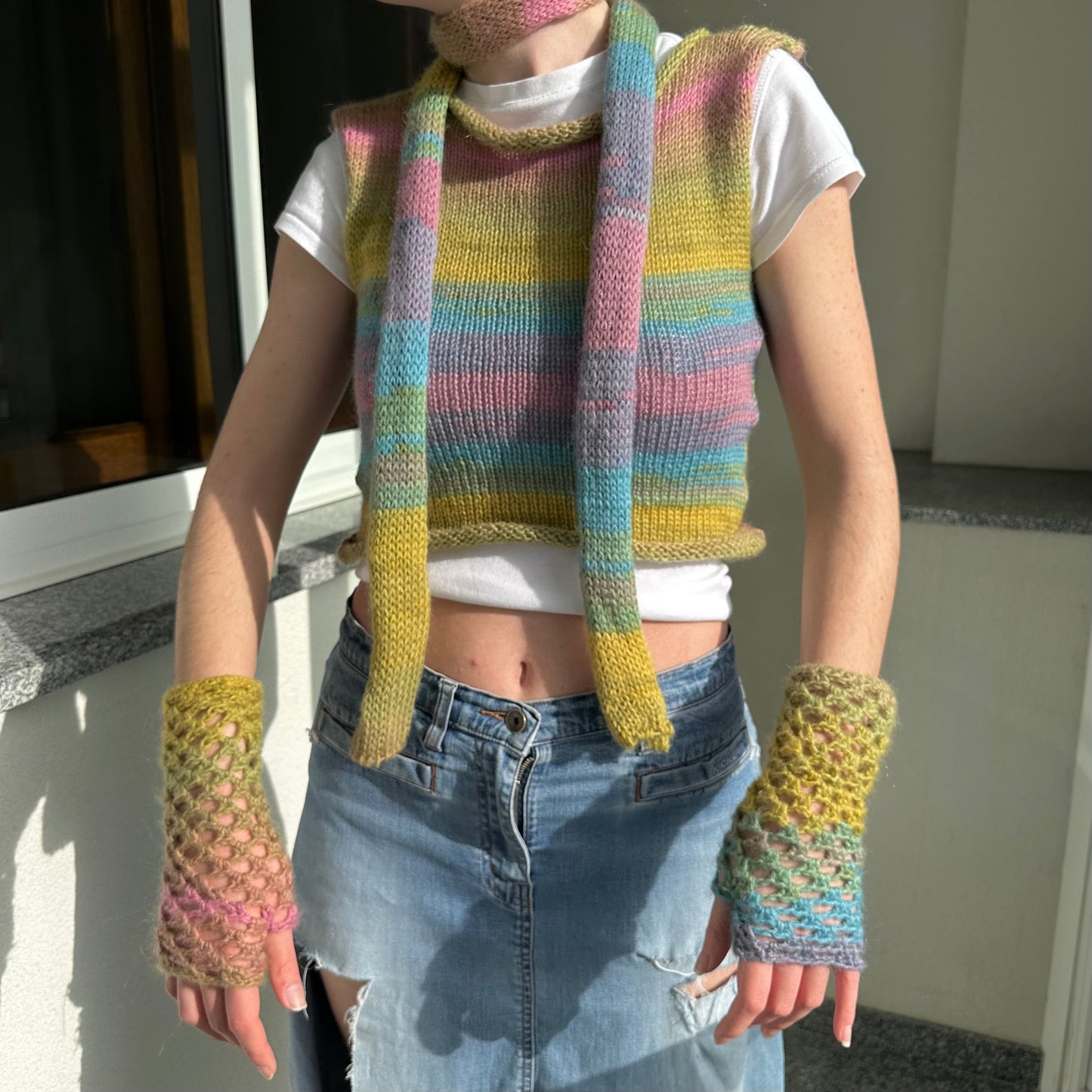 Handmade dusky rainbow crochet fishnet hand warmers