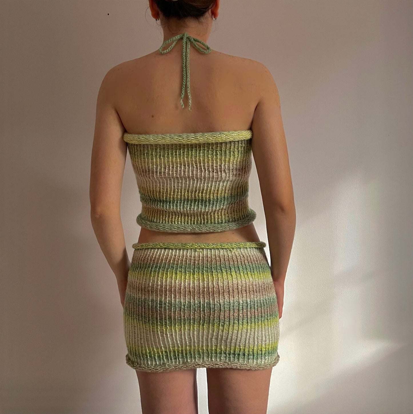 SET: Handmade knitted halter top and skirt in green, beige and cream