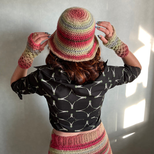 Handmade crochet bucket hat in Fireburst colourway