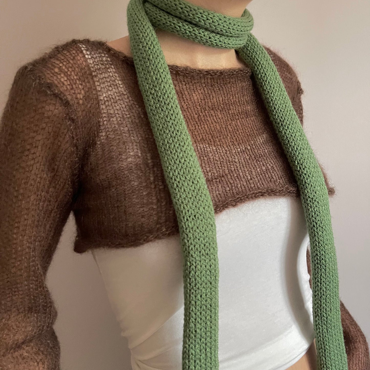 Handmade knitted skinny scarf in sage green