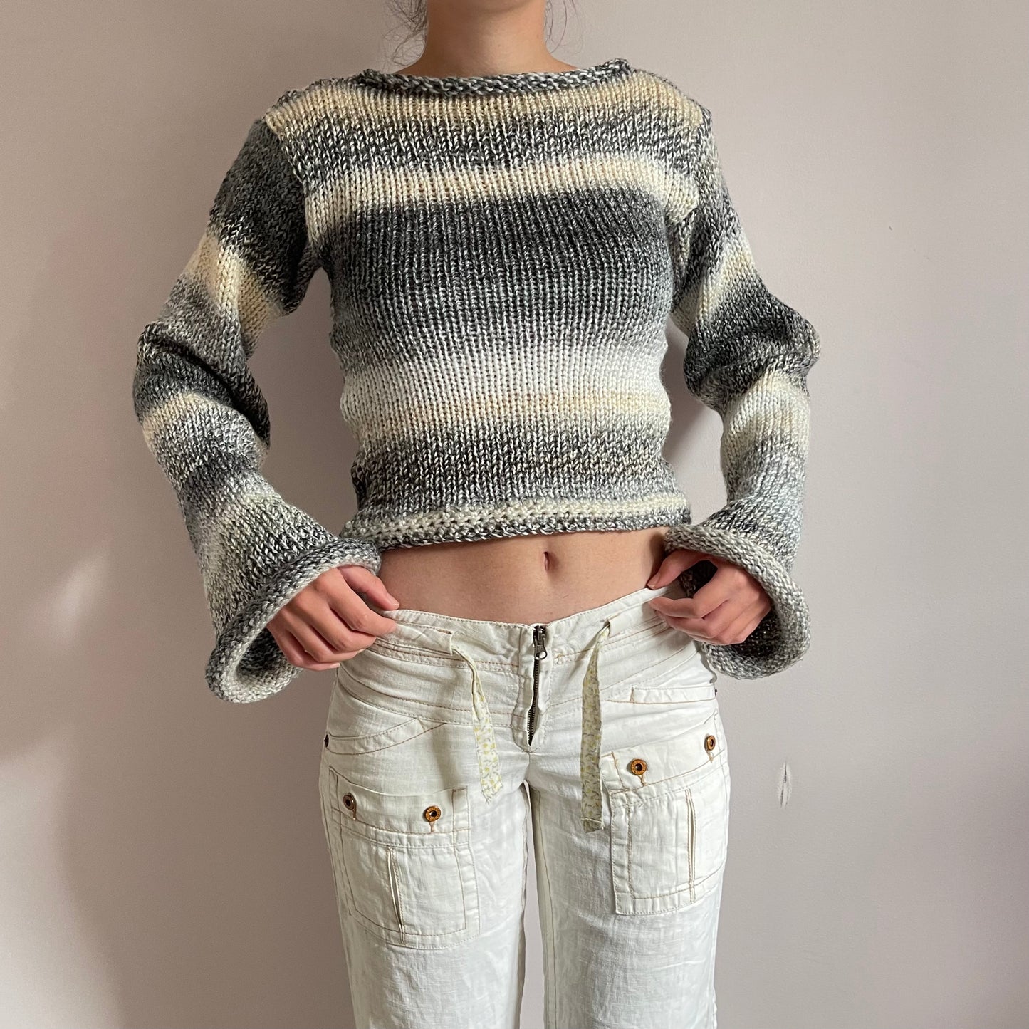Handmade grey, beige and cream ombré knitted jumper