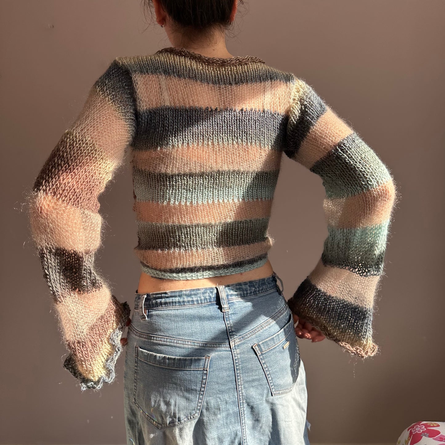 Handmade striped blue, brown and beige knitted mohair jumper with flared sleeves