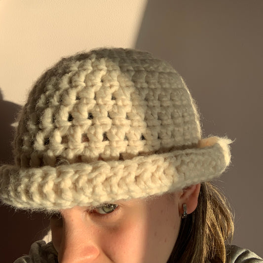 Handmade cream chunky crochet bowler hat