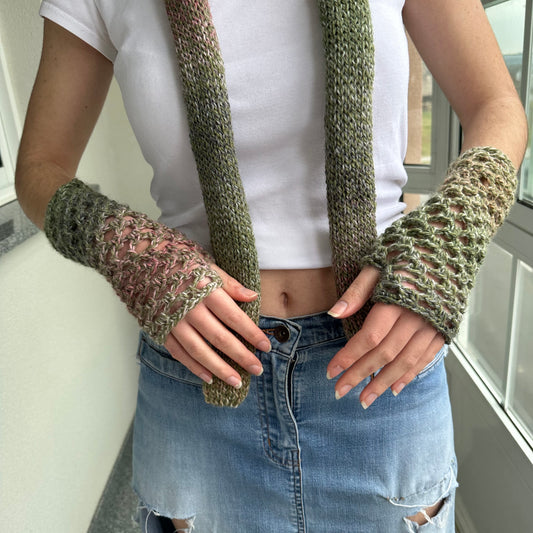 Handmade dusky pink and green crochet fishnet hand warmers
