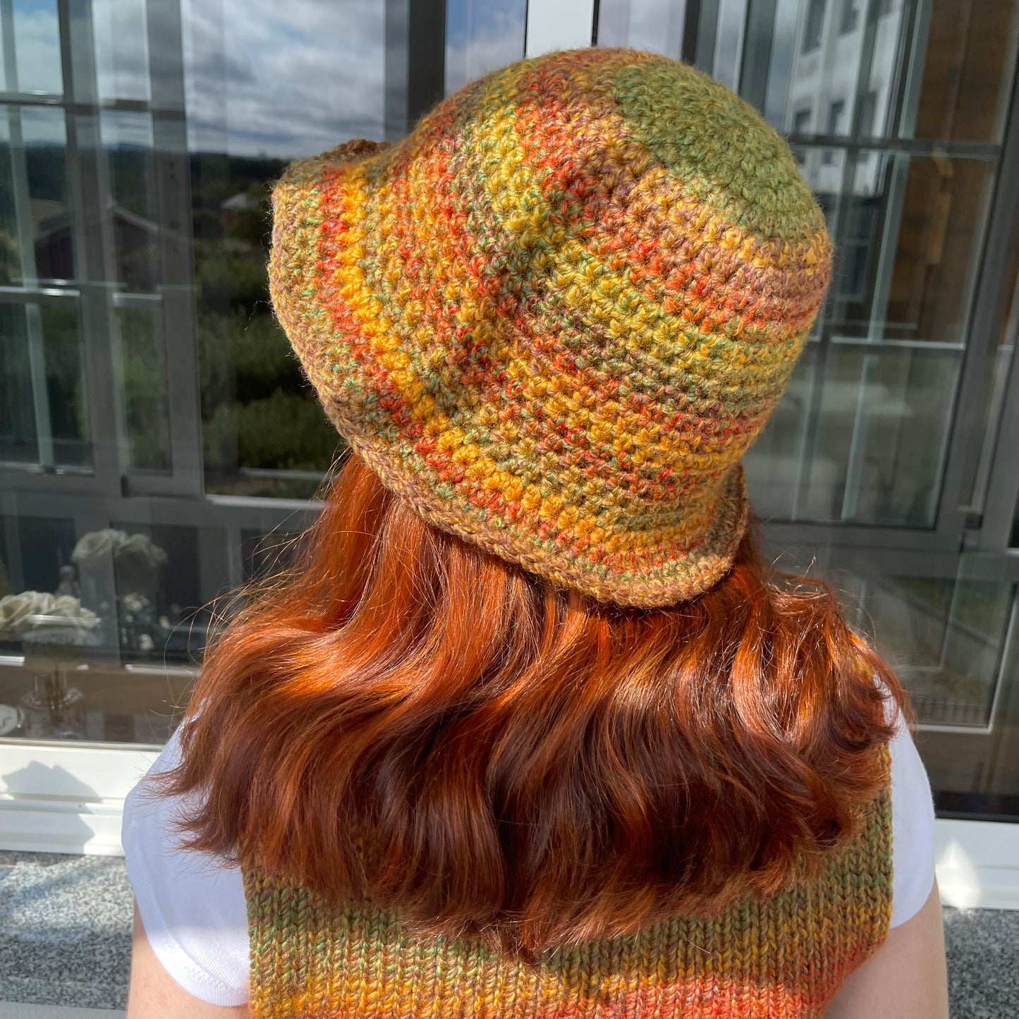 Handmade crochet bucket hat in earth tones colourway