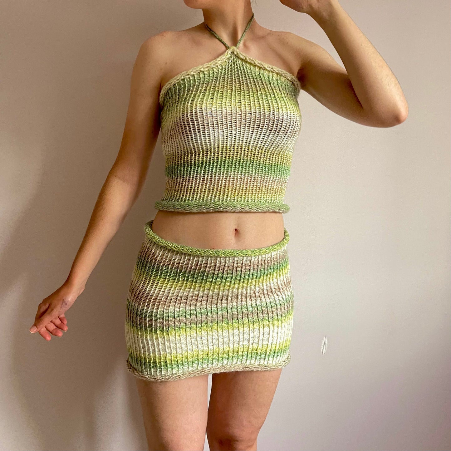 SET: Handmade knitted halter top and skirt in green, beige and cream