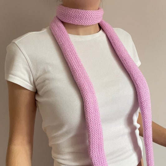 Handmade knitted skinny scarf in baby pink