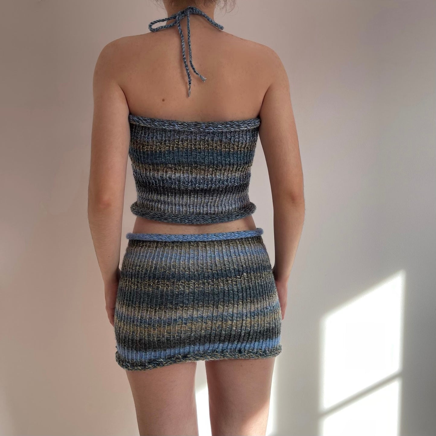 SET: Handmade knitted top and skirt in blue, beige and grey