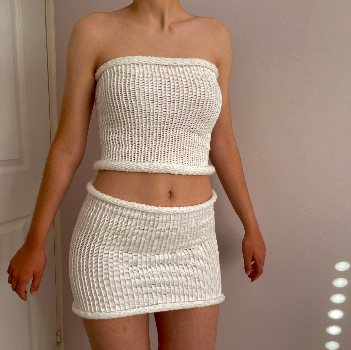 SET: Handmade knitted bandeau top and skirt in white