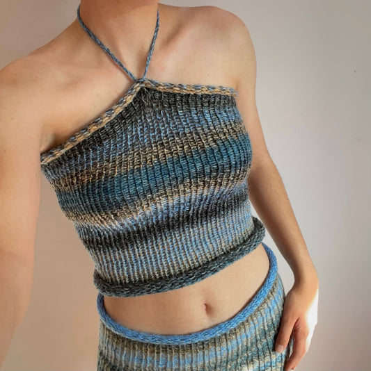 Handmade knitted halter top in blue, beige and grey