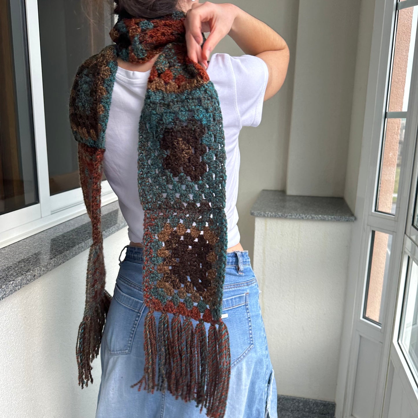 Handmade brown and blue granny square crochet scarf
