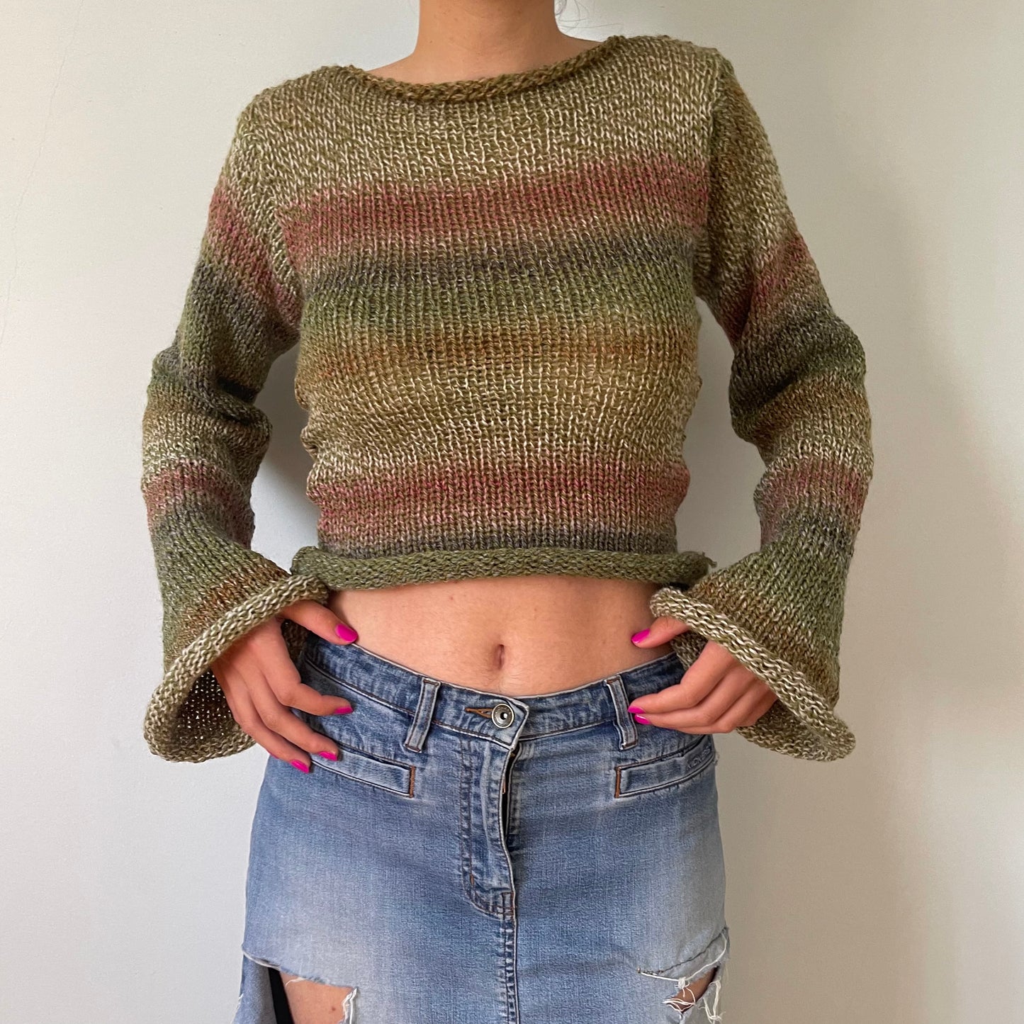 Handmade green, dusky pink and brown knitted ombré jumper