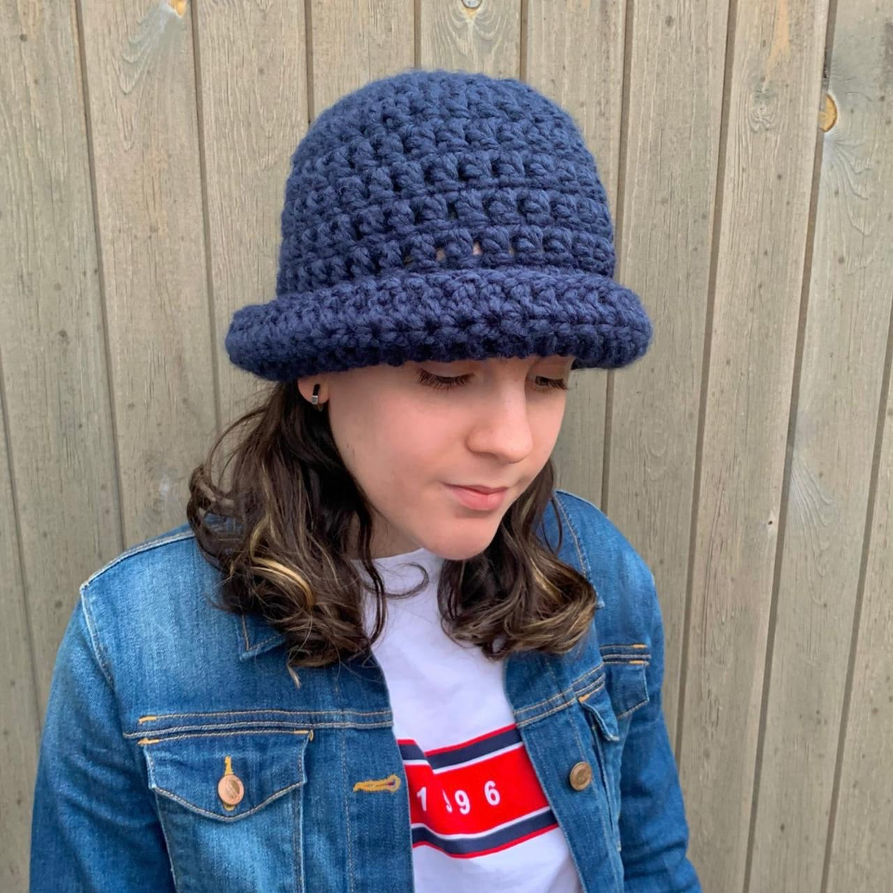 Handmade navy blue chunky crochet bowler hat