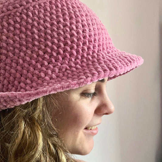 Handmade crushed velvet crochet bucket hat in dark pink
