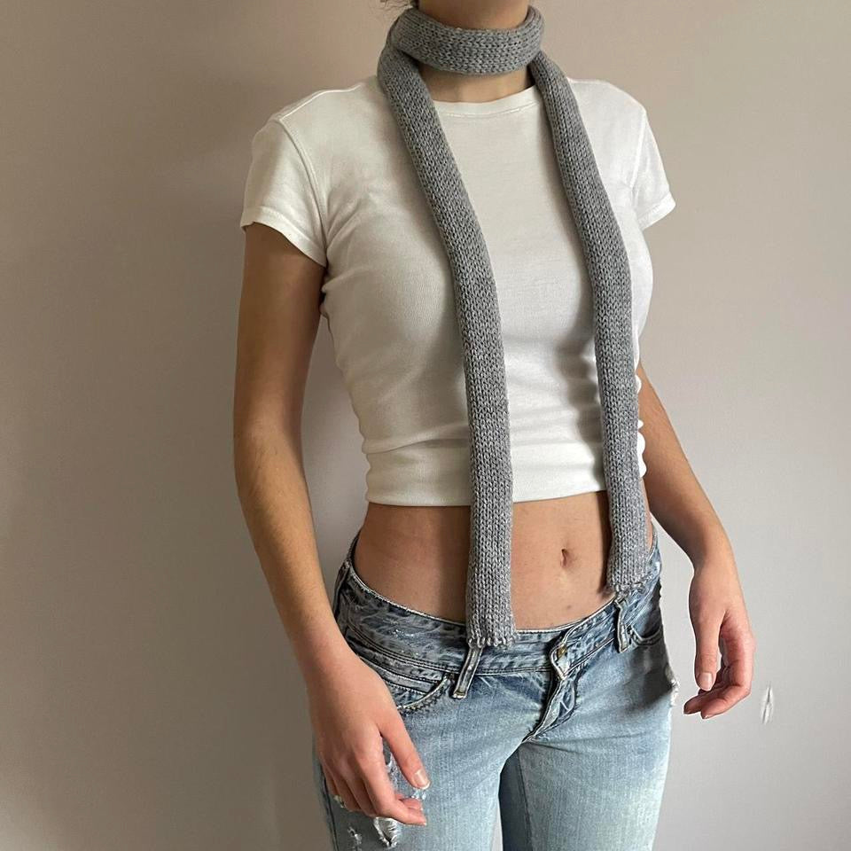 Handmade knitted skinny scarf in grey